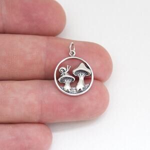 Sterling Silver Encircled Mushrooms Charm with Curious Snail Visitor